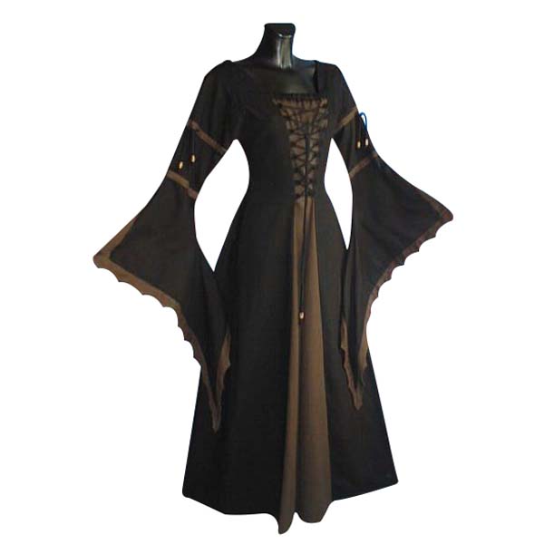 Medieval Dress With Scalloped Trumpet Sleeve And Laced Front BROWN
